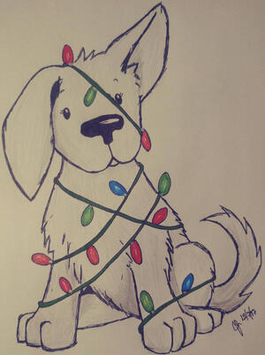 Pup tangled in Lights in Sharpie, markers and colored pencil